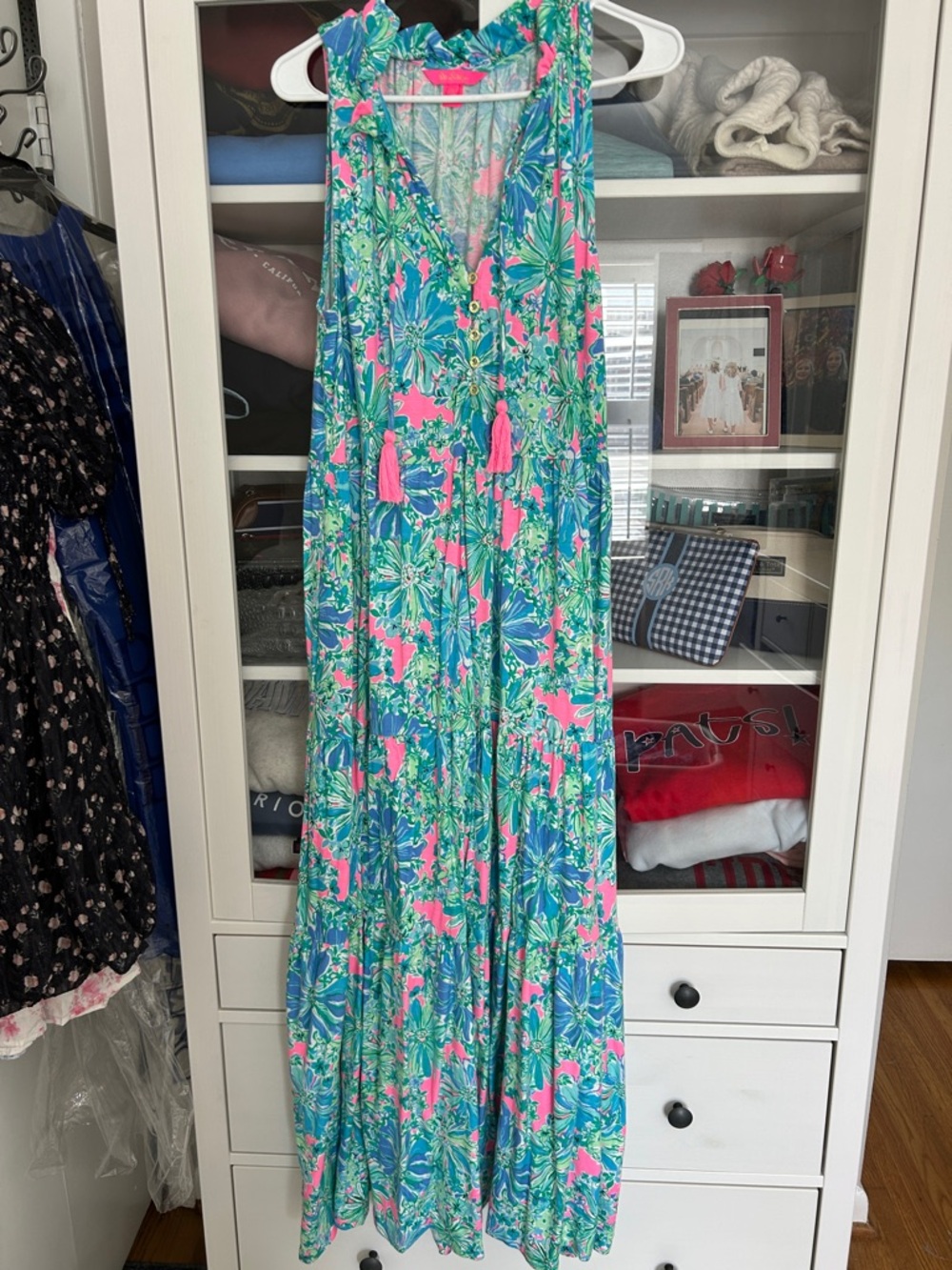 Lilly Pulitzer Turquoise & Hot Pink Tropical Ruffle Maxi Essie Dress